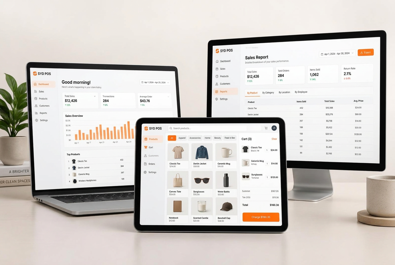 SYD POS running on an Android tablet, a laptop and a desktop monitor