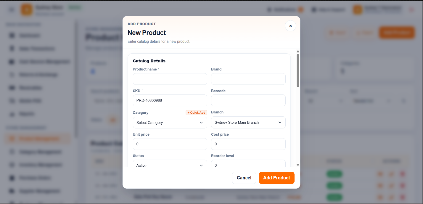 New product form in the SYD POS web back office