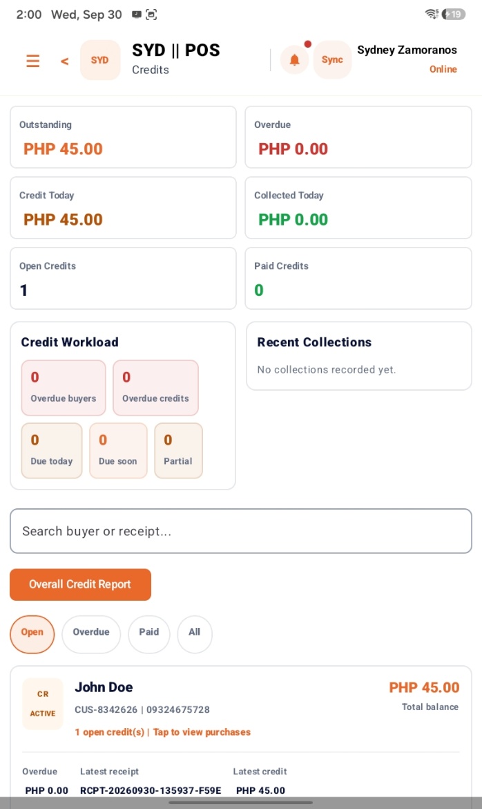 Credits and collections screen on the SYD POS tablet app