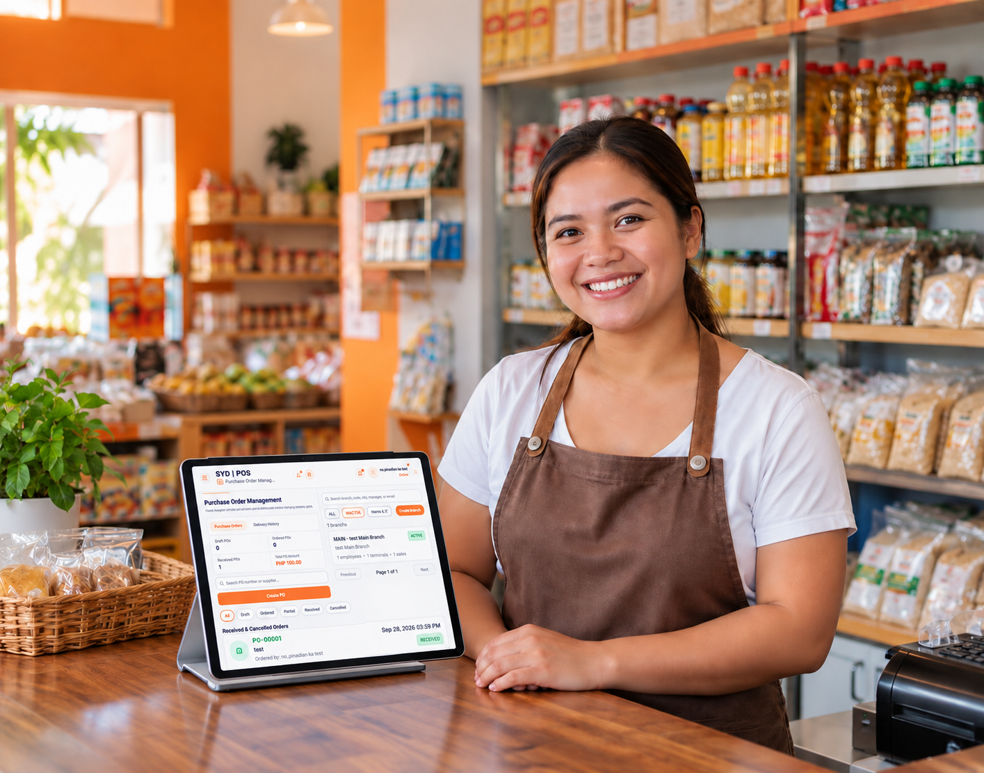 Store owner smiling behind her counter with a SYD POS tablet