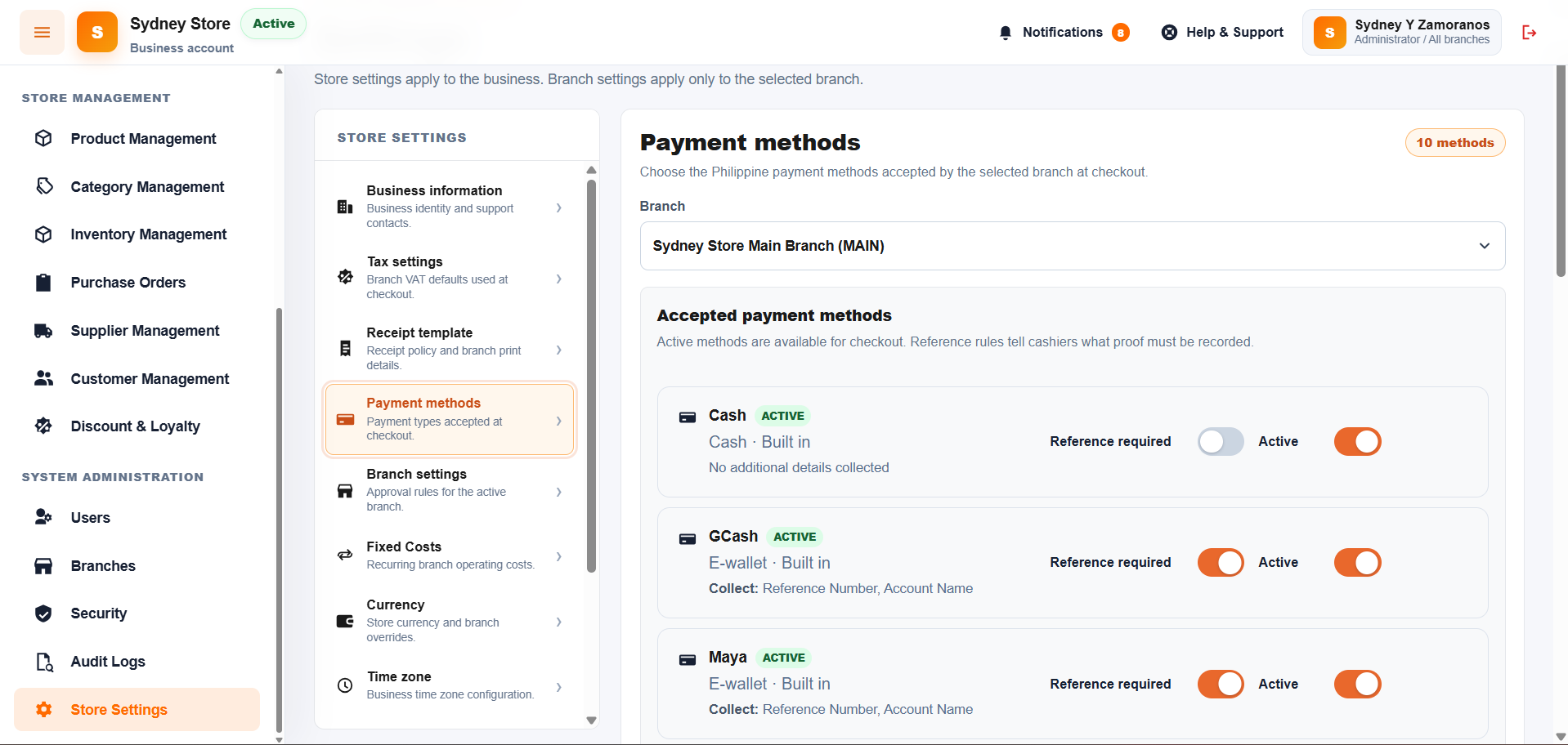 Payment method setup in the SYD POS web back office